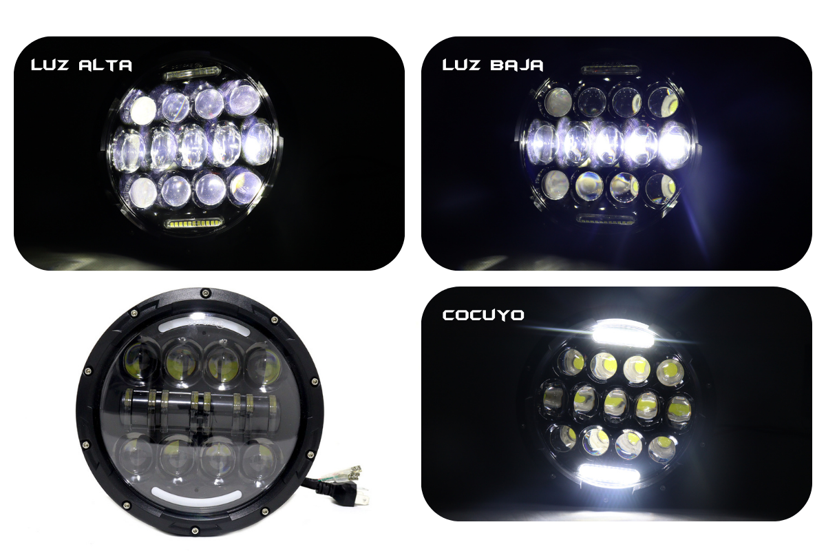 Faro de lujo 7″ 40w función altas y bajas cocuyos incorporados