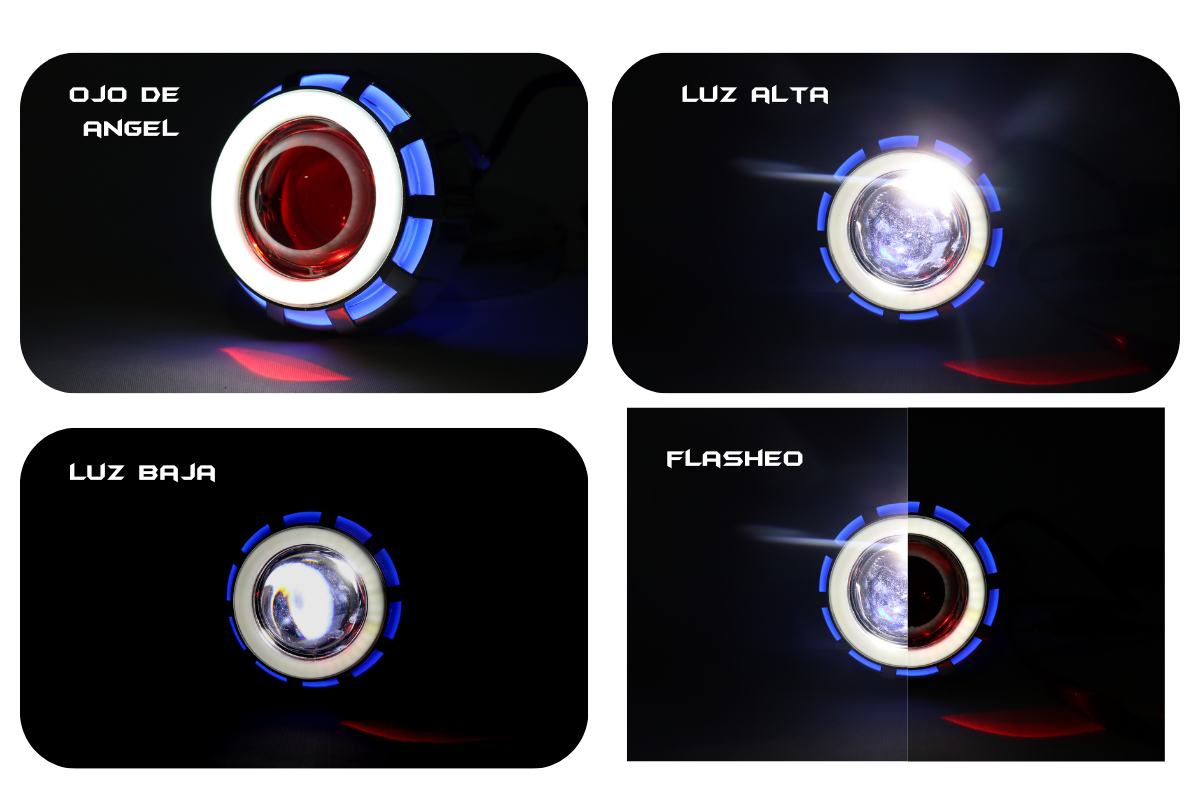 Proyector redondo lupa con ojo de ángel altas bajas y flasheo